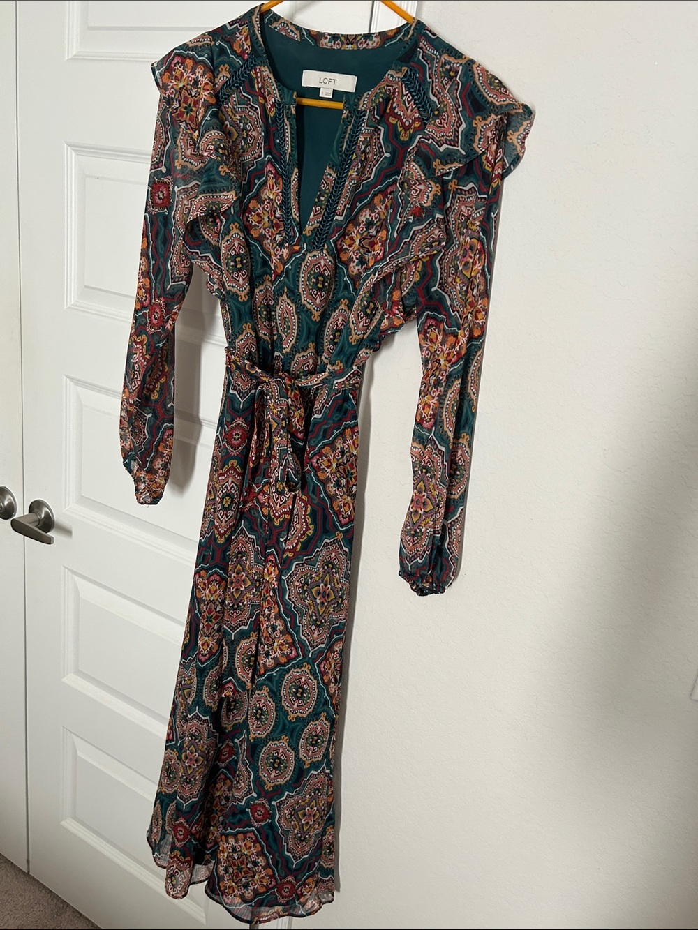 LOFT Teal Paisley Long Sleeve Tie-Waist Maxi Dress